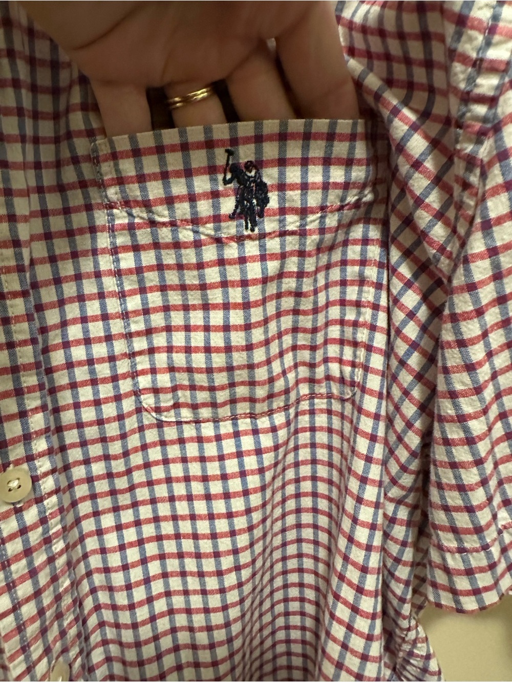 U.S. Polo Assn. Men’s Stretch L Short Sleeve Shirt Red White Blue Gingham Plaid - Picture 3 of 7